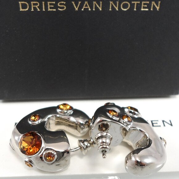 NWT$725 Dries Van Noten Brass Silver Colored Crystal Embellished Hoop Earrings - Picture 13 of 16